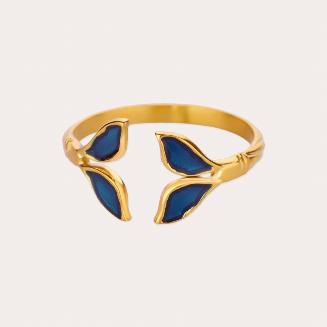 The Amora Enamel Leaf Ring in Navy, gold stainless steel ring