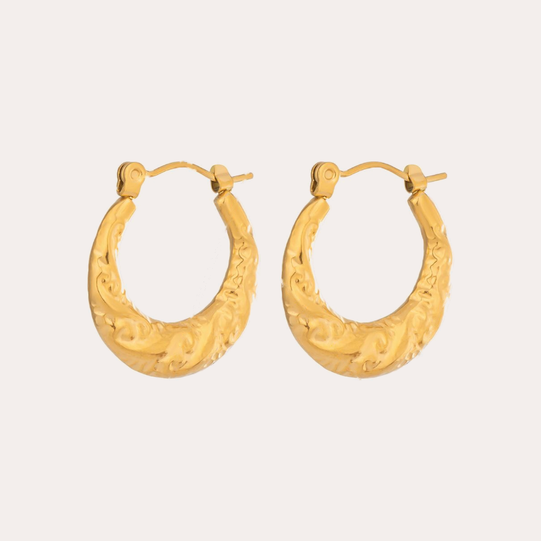 The Amora Scrollwork Hoops, gold stainless steel earrings