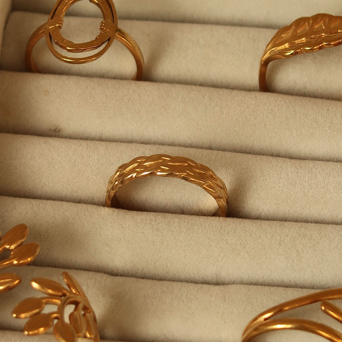 Woven ring in gold on a velvet tray #Color_Gold