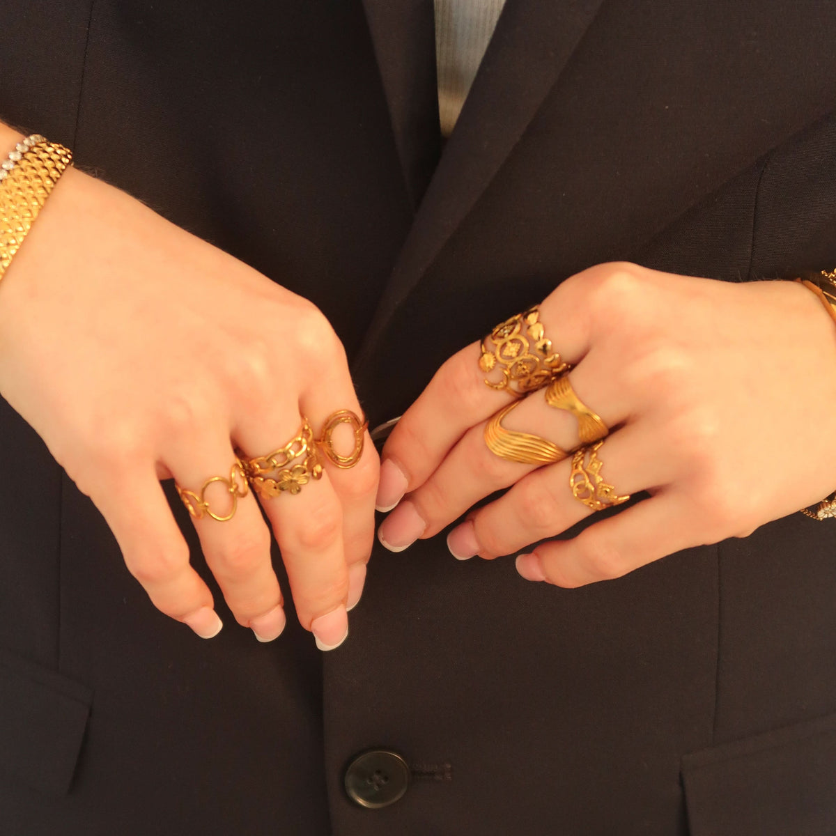 Chapters rings stacked and worn #Color_Gold