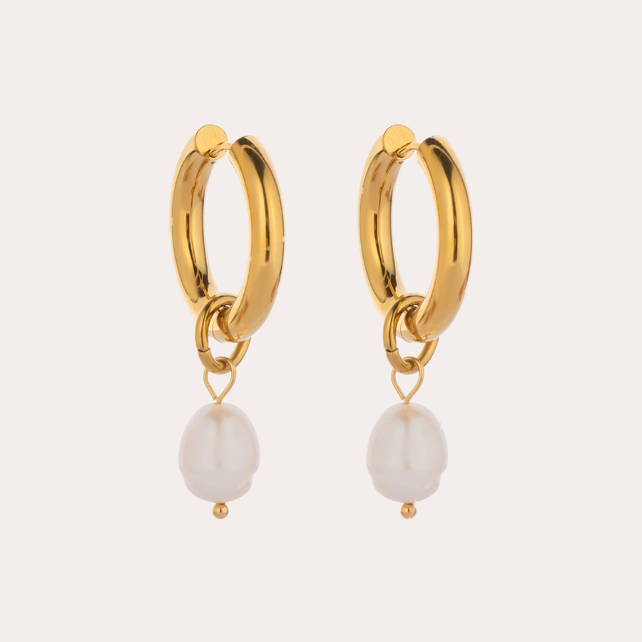 The Amora Baroque Drop Hoops, gold stainless steel earrings