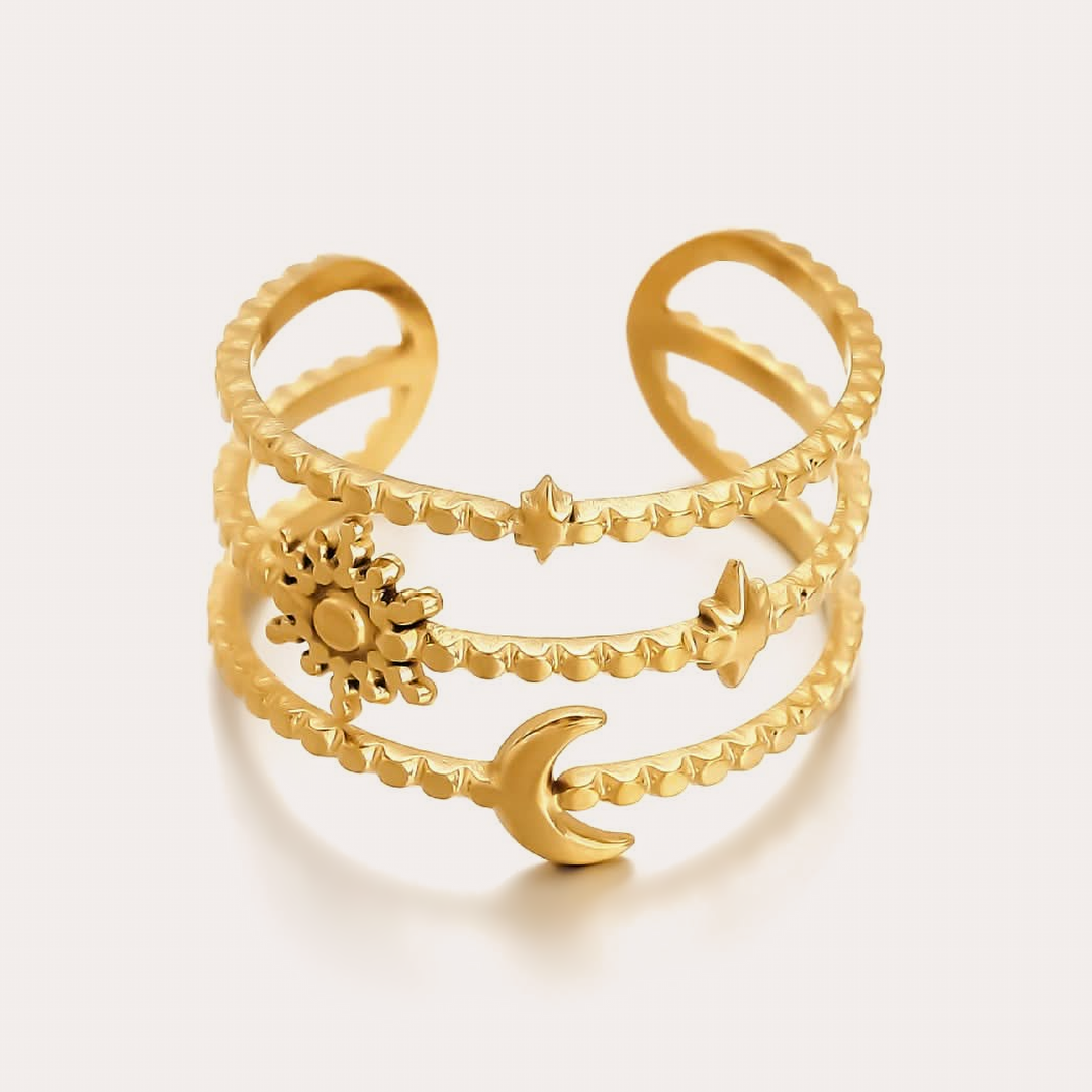 The Amora Celestial Trio Ring, gold stainless steel ring
