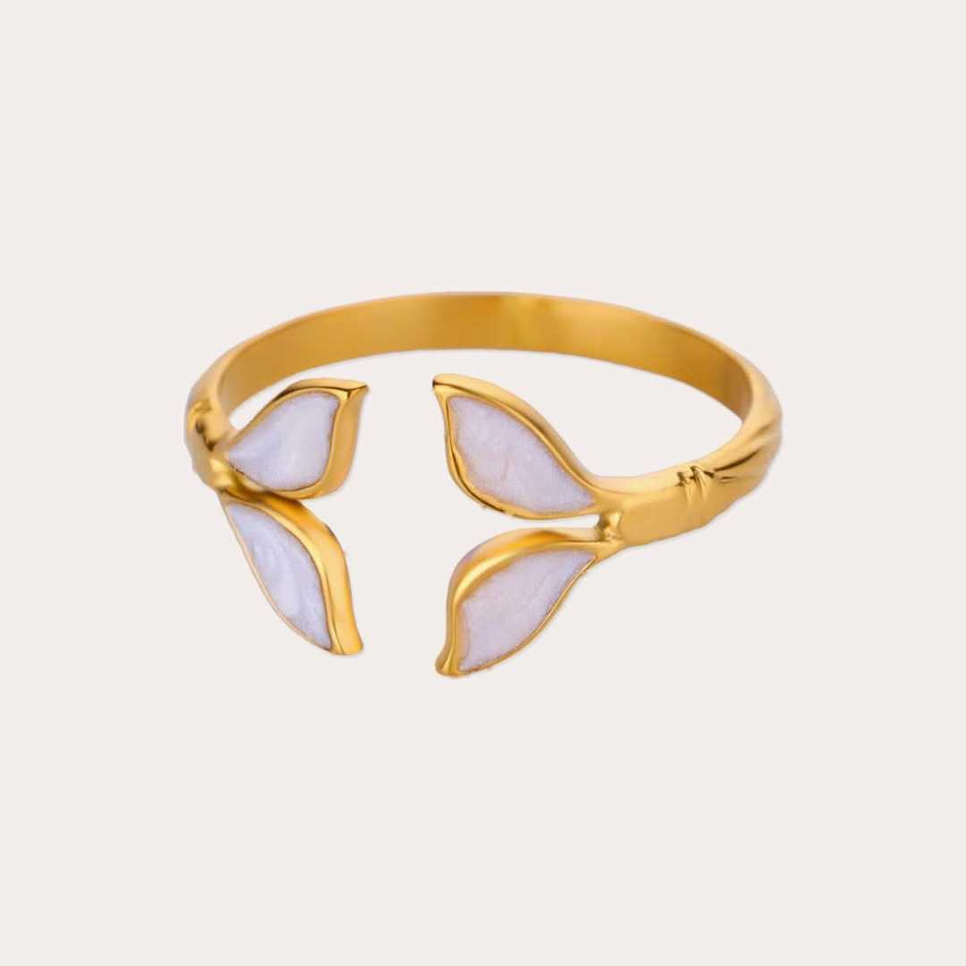 The Amora Enamel Leaf Ring in White, gold stainless steel ring