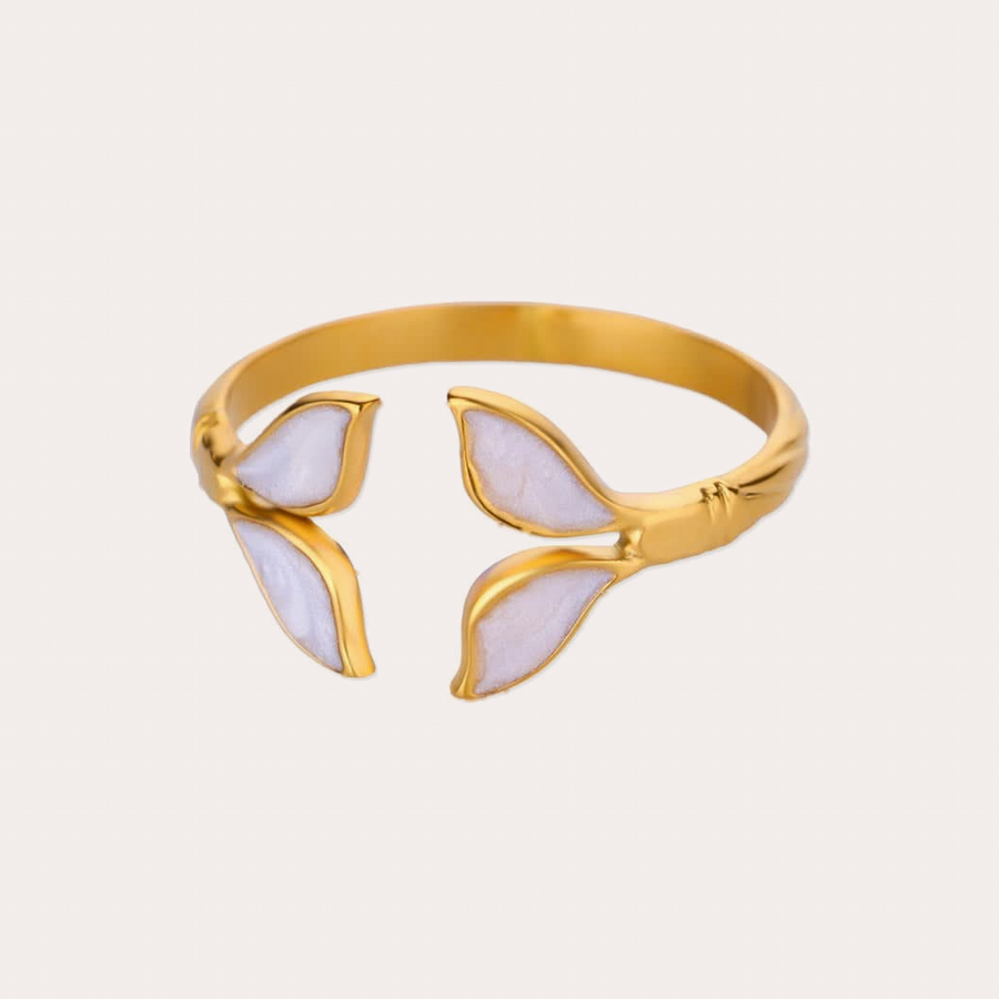 The Amora Enamel Leaf Ring in White, gold stainless steel ring