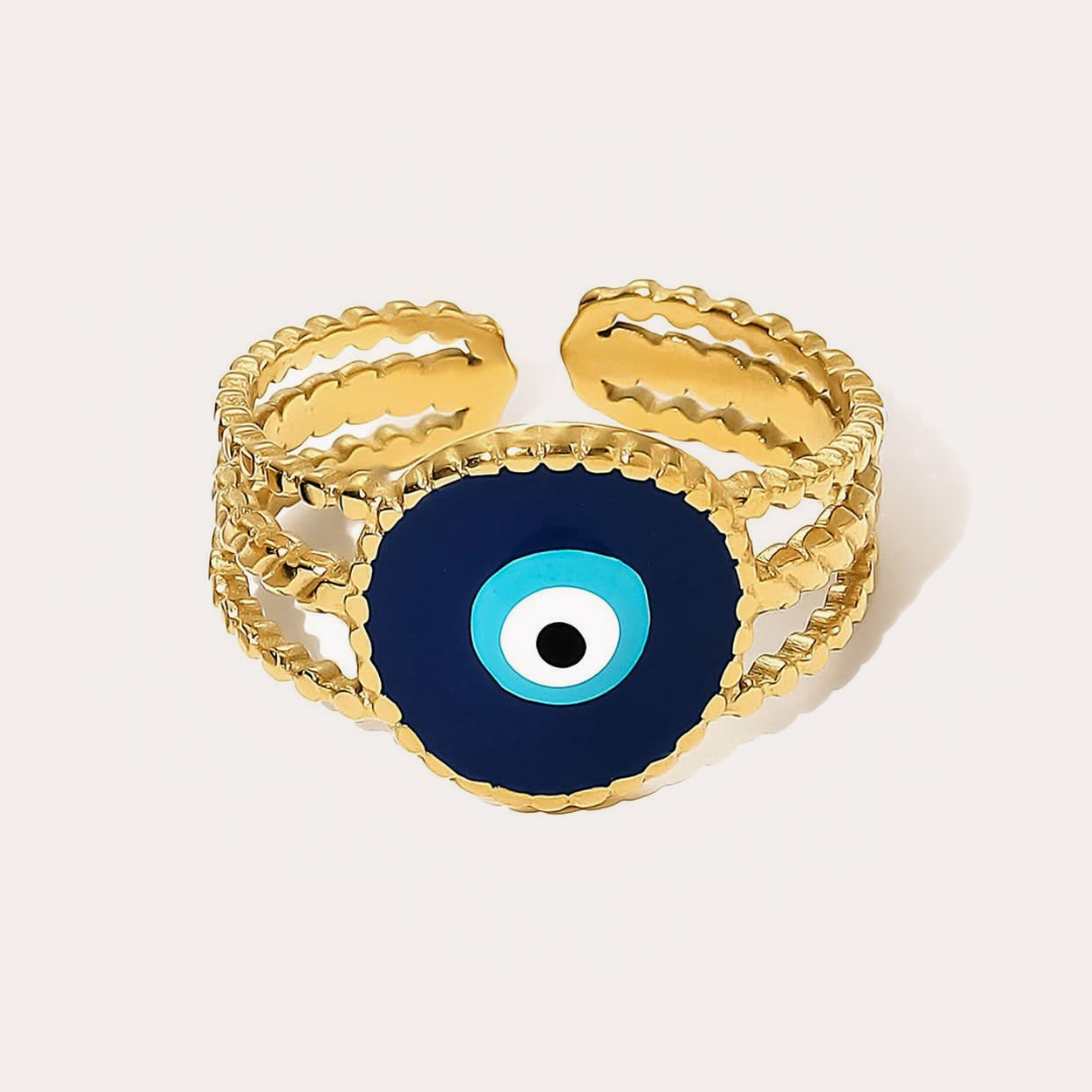 The Amora Evil Eye Beaded Ring, gold stainless steel ring