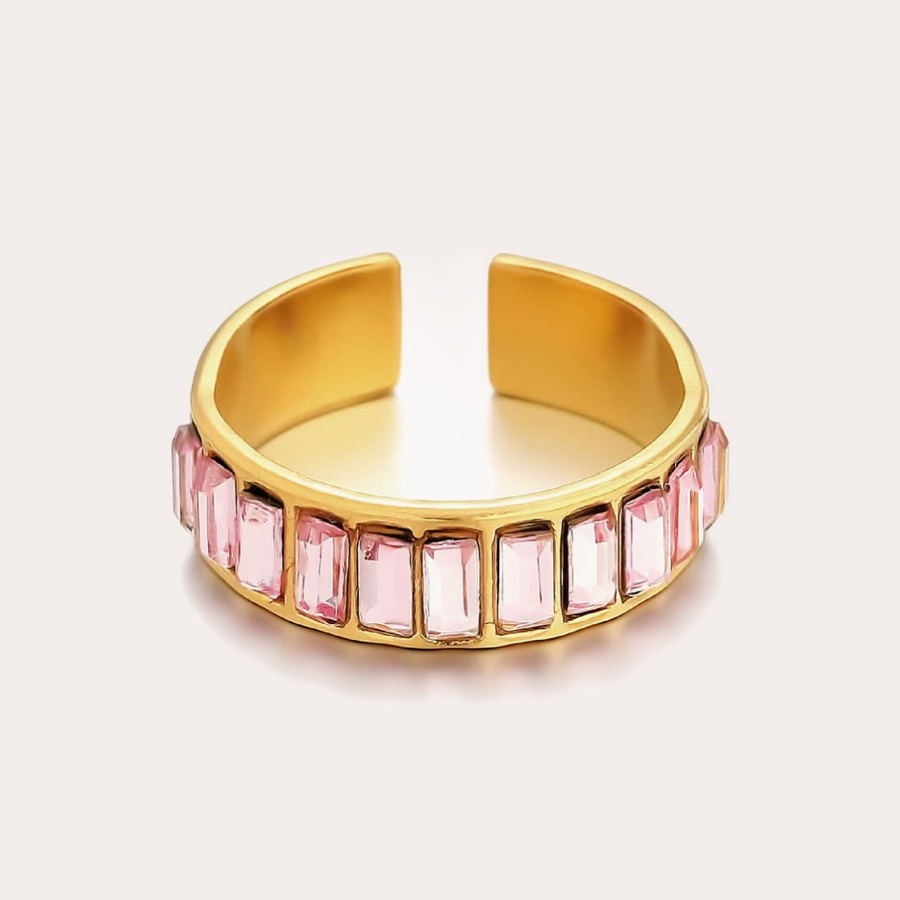 The Amora Pink Baguette Ring, gold stainless steel ring