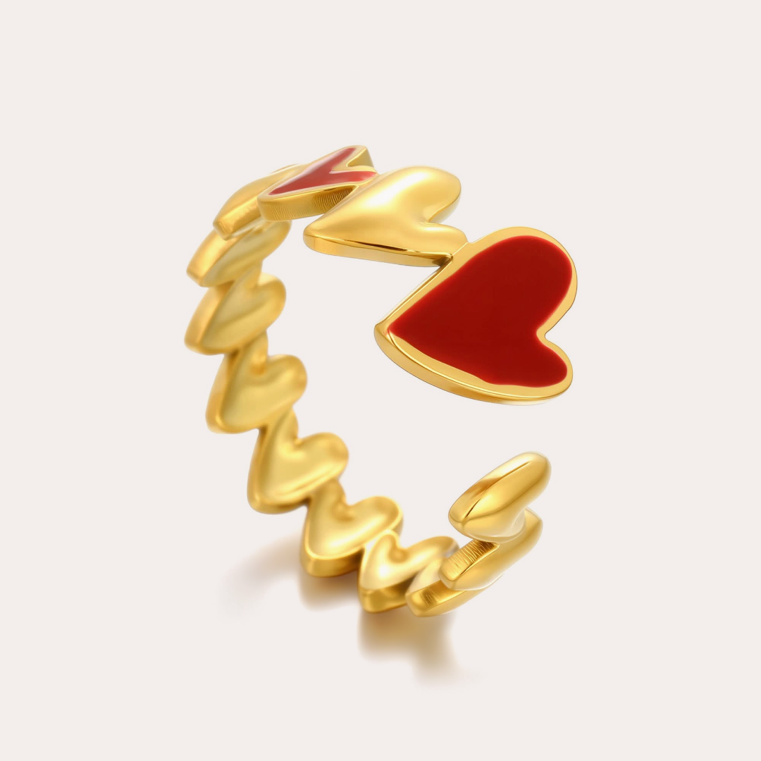 The Amora Red Heart Ring, gold stainless steel ring