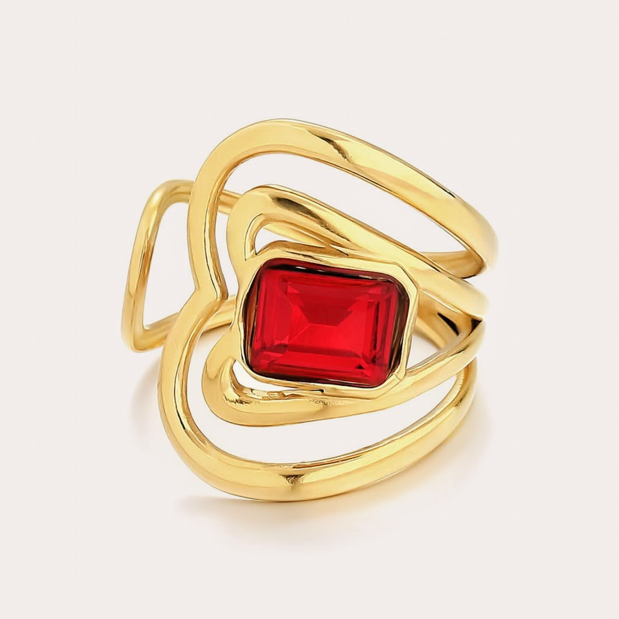 The Amora Scarlet Heart Ring, gold stainless steel ring