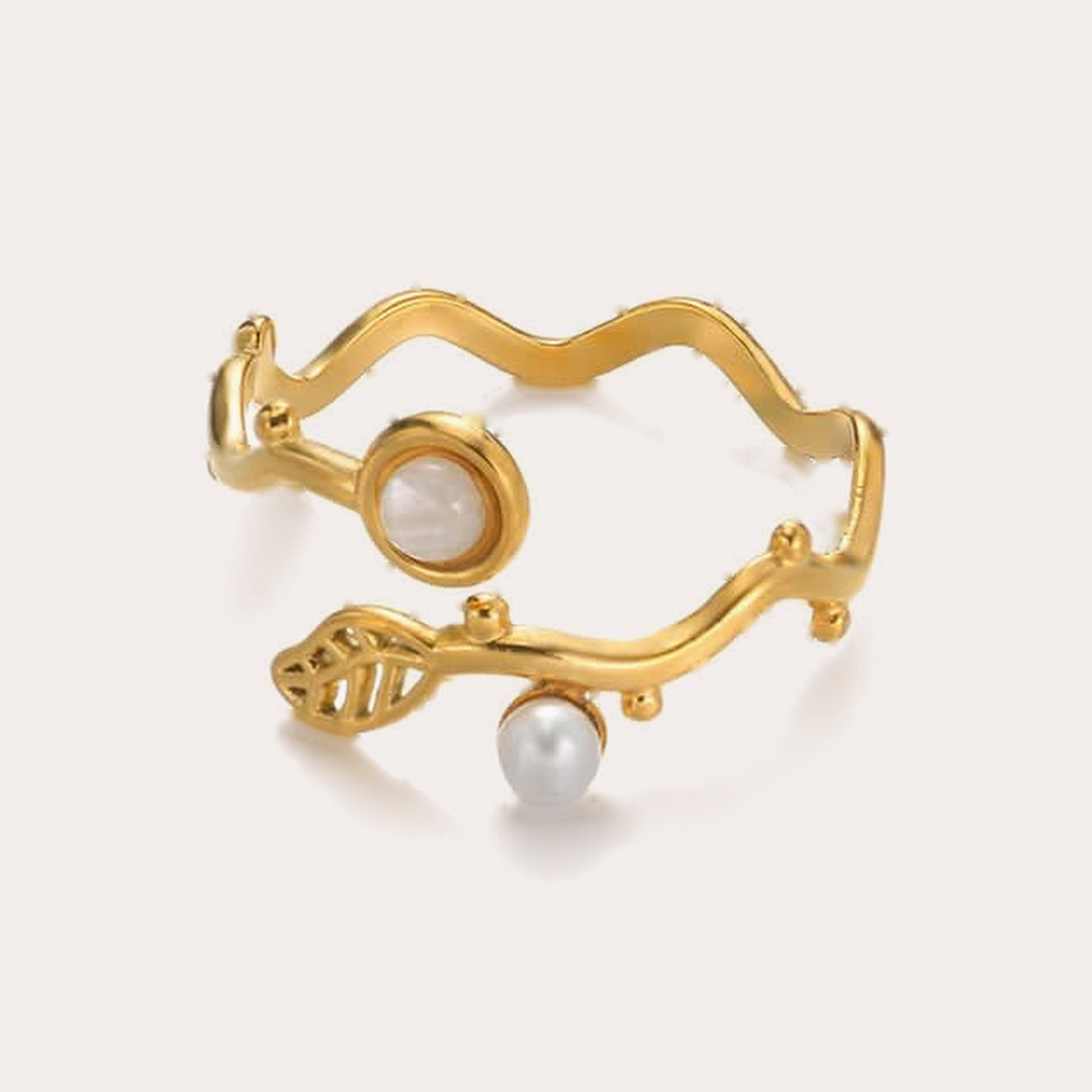 The Amora Vine Ring in Faux Pearl, gold stainless steel ring