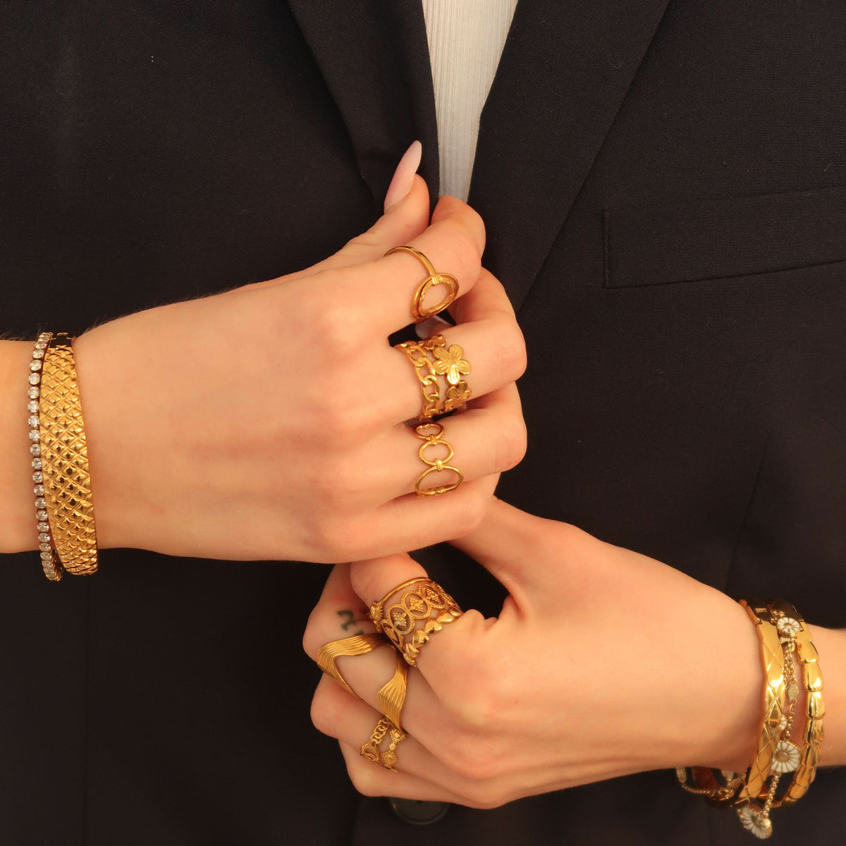 Chapters rings stacked and worn #Color_Gold
