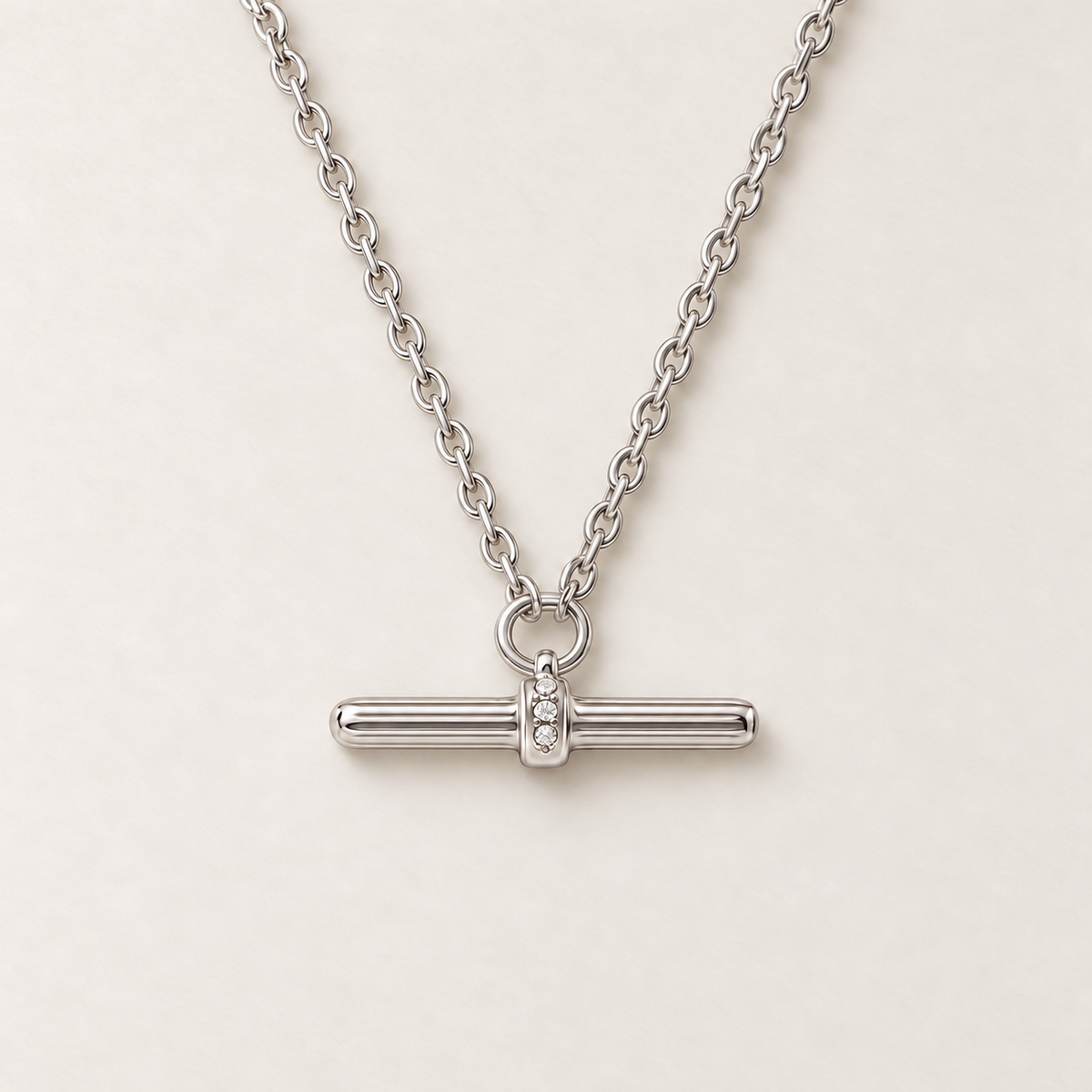 Albertina T-Bar Necklace in silver, Petite style: fine cable chain and a slim fluted T-bar with three small clear stones