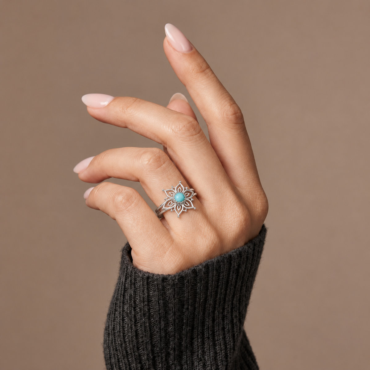 The Amora Mandala Bloom Ring in silver, worn on the hand #Color_Silver